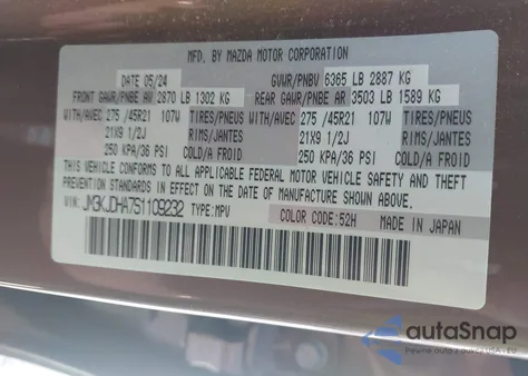 2025 Mazda Cx-70 Phev Premium Package from USA, damaged, VIN JM3KJDHA7S1109232